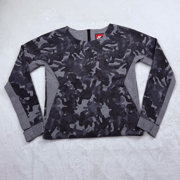 Nike Tops - Nike Sportswear Tech Fleece Camo Sweatshirt Womens XS Grey Rear Zip Pullover